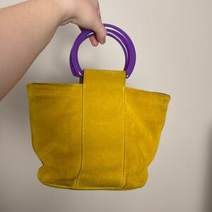 Yellow Suede Mini Tote with Purple Handles